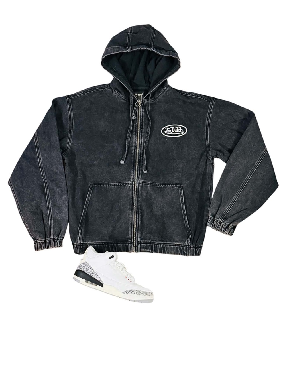 Von Dutch Black Washed Zip Front Hoodie Jacket